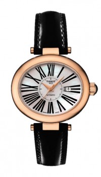 Tissot Glamorous 18K Rose Gold Automatic Women's Watch with Black Leather Strap T9173077611301