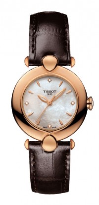 Tissot Pretty 18K Rose Gold Quartz White MOP Dial Diamond Watch with Dark Brown Leather Strap T9182107611600