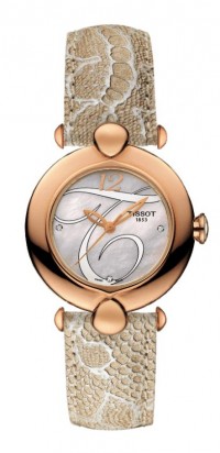 Tissot Pretty 18K Rose Gold Quartz White MOP Dial Diamond Watch with Light Brown Leather Strap T9182107611602